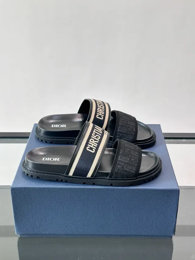 Dior Slide Black Navy Two-Strap Monogrammed Webbing Slippers 6
