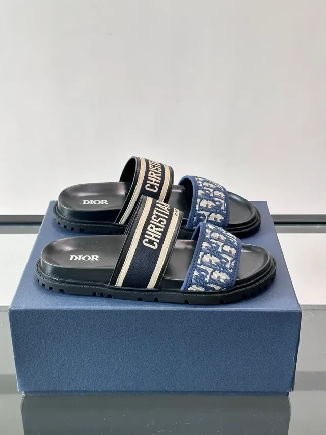 Dior Slide Black Navy Two-Strap Monogrammed Webbing Slippers 7