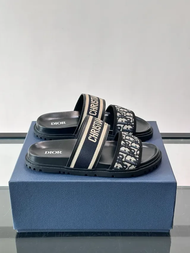 Dior Slide Black Navy Two-Strap Monogrammed Webbing Slippers 8