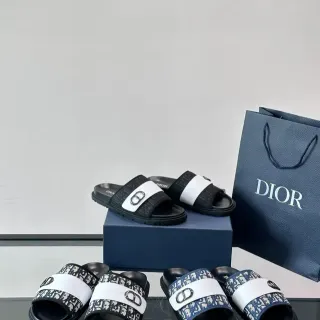 Dior Slide Black White Monogram-Patterned Strap CD-Shaped Metal Buckle Slippers