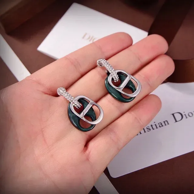 Dior Tribales Green Silver D-Shaped Motif Enamel-Filled Earrings 2