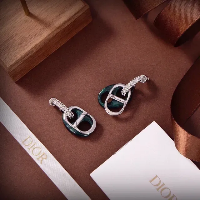 Dior Tribales Green Silver D-Shaped Motif Enamel-Filled Earrings 3