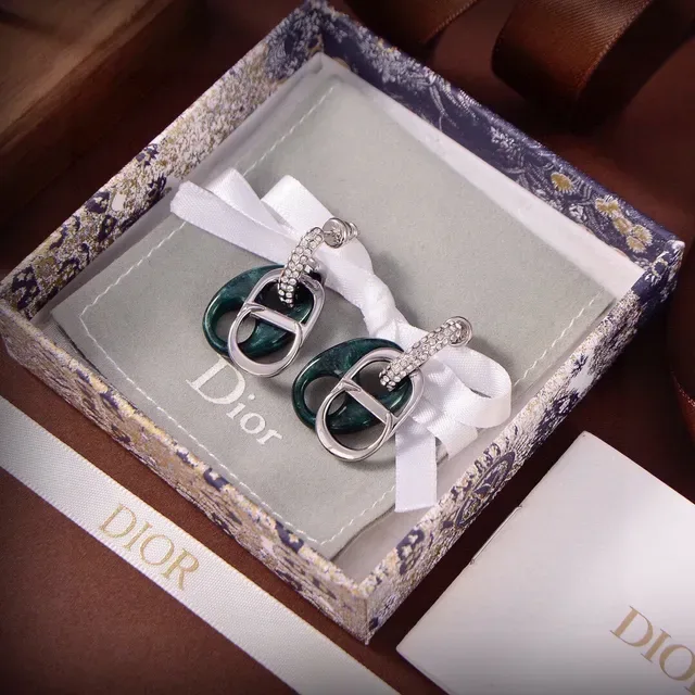 Dior Tribales Green Silver D-Shaped Motif Enamel-Filled Earrings 4