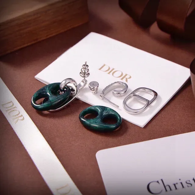 Dior Tribales Green Silver D-Shaped Motif Enamel-Filled Earrings 6