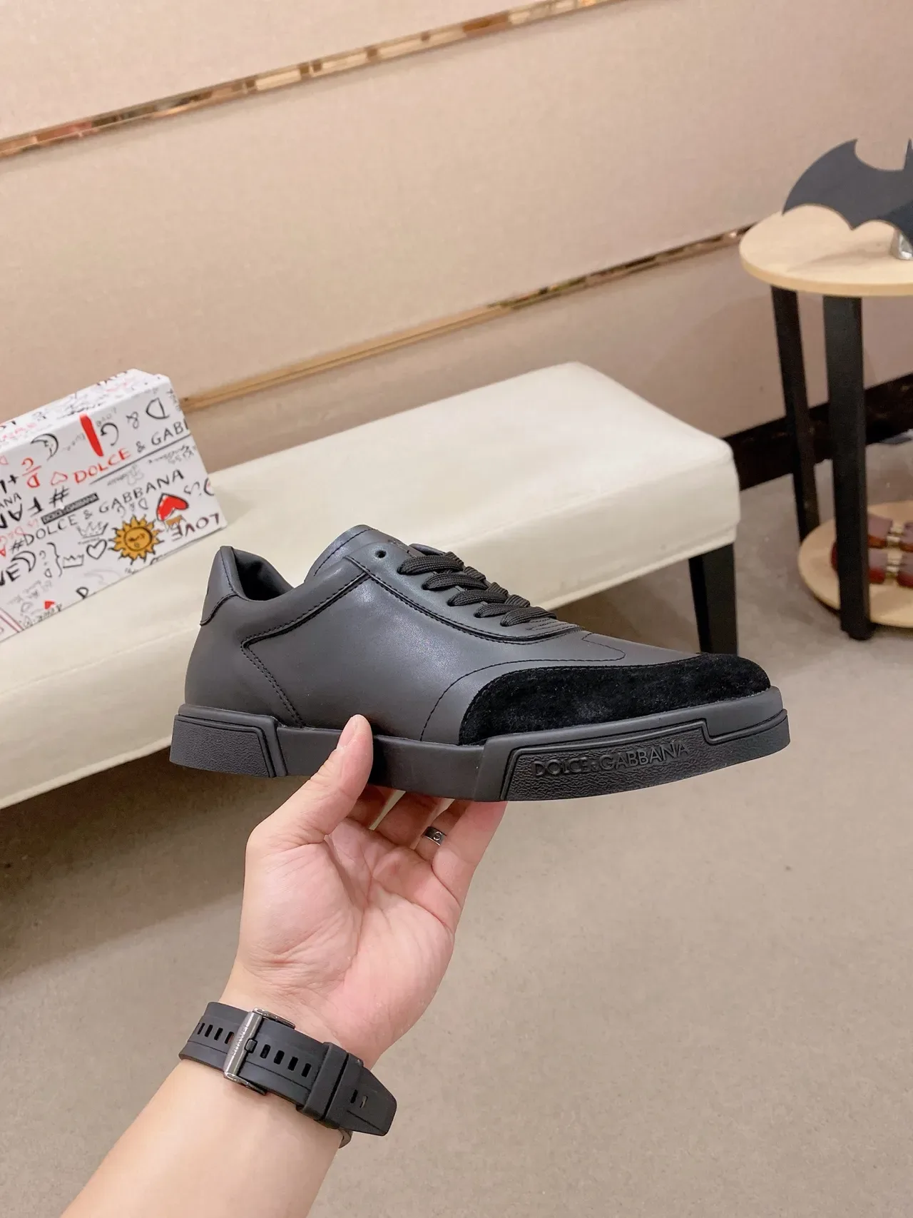 Dolce & Gabbana Tênis Lifestyle Pretos de Couro-Camurça com Painéis Low-Top 5
