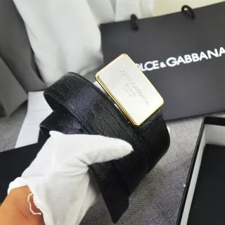 Dolce & Gabbana Portofino Black Gold Crocodile-Embossed Rectangular Plaque Buckle Leather Belt