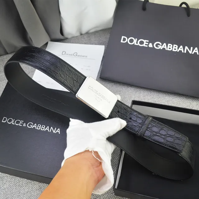 Dolce & Gabbana Portofino Ceinture en cuir avec boucle plaque rectangulaire noire et dorée avec texture crocodile embossée 7