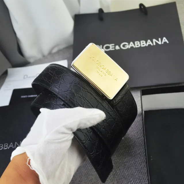 Dolce & Gabbana Portofino Ceinture en cuir avec boucle plaque rectangulaire noire et dorée avec texture crocodile embossée 11