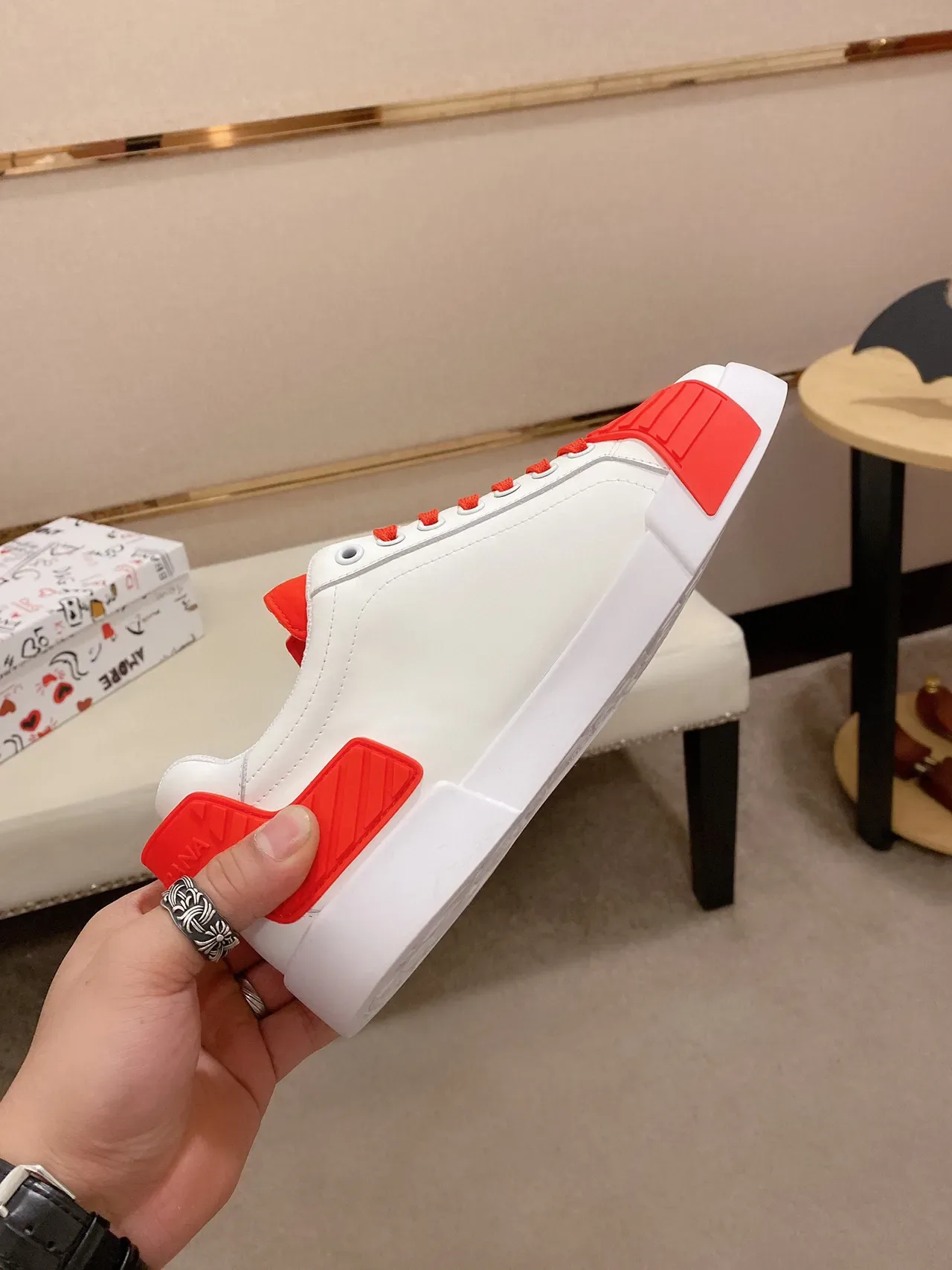 Dolce & Gabbana Branco Vermelho Couro Superior Recobrimentos de Borracha Ousados Estilo de Vida Tênis 6