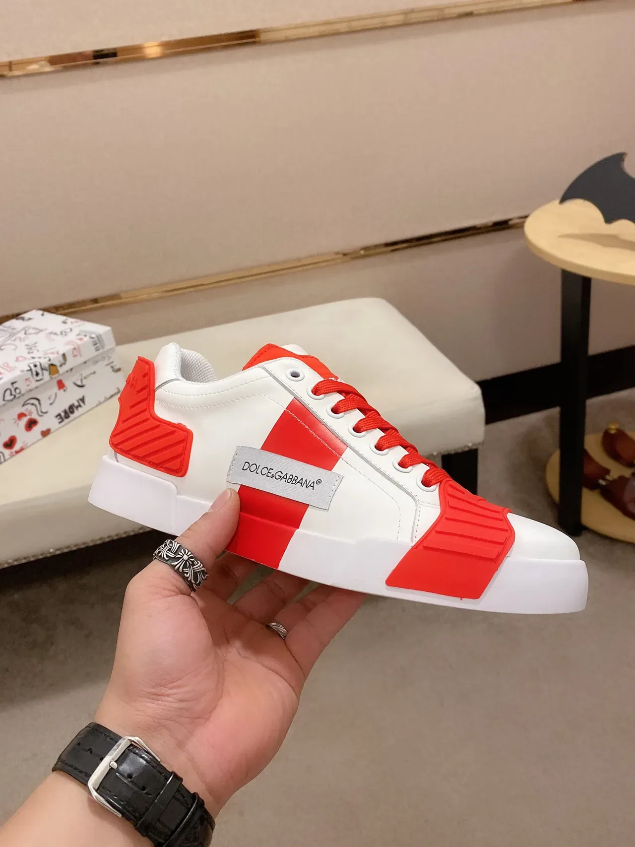 Dolce & Gabbana Branco Vermelho Couro Superior Recobrimentos de Borracha Ousados Estilo de Vida Tênis 7