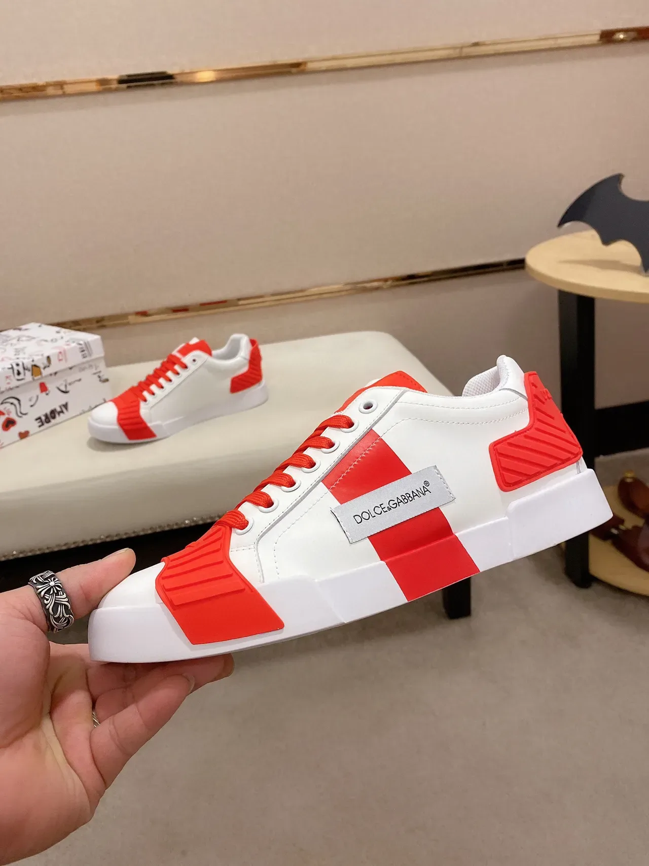 Dolce & Gabbana Branco Vermelho Couro Superior Recobrimentos de Borracha Ousados Estilo de Vida Tênis 8