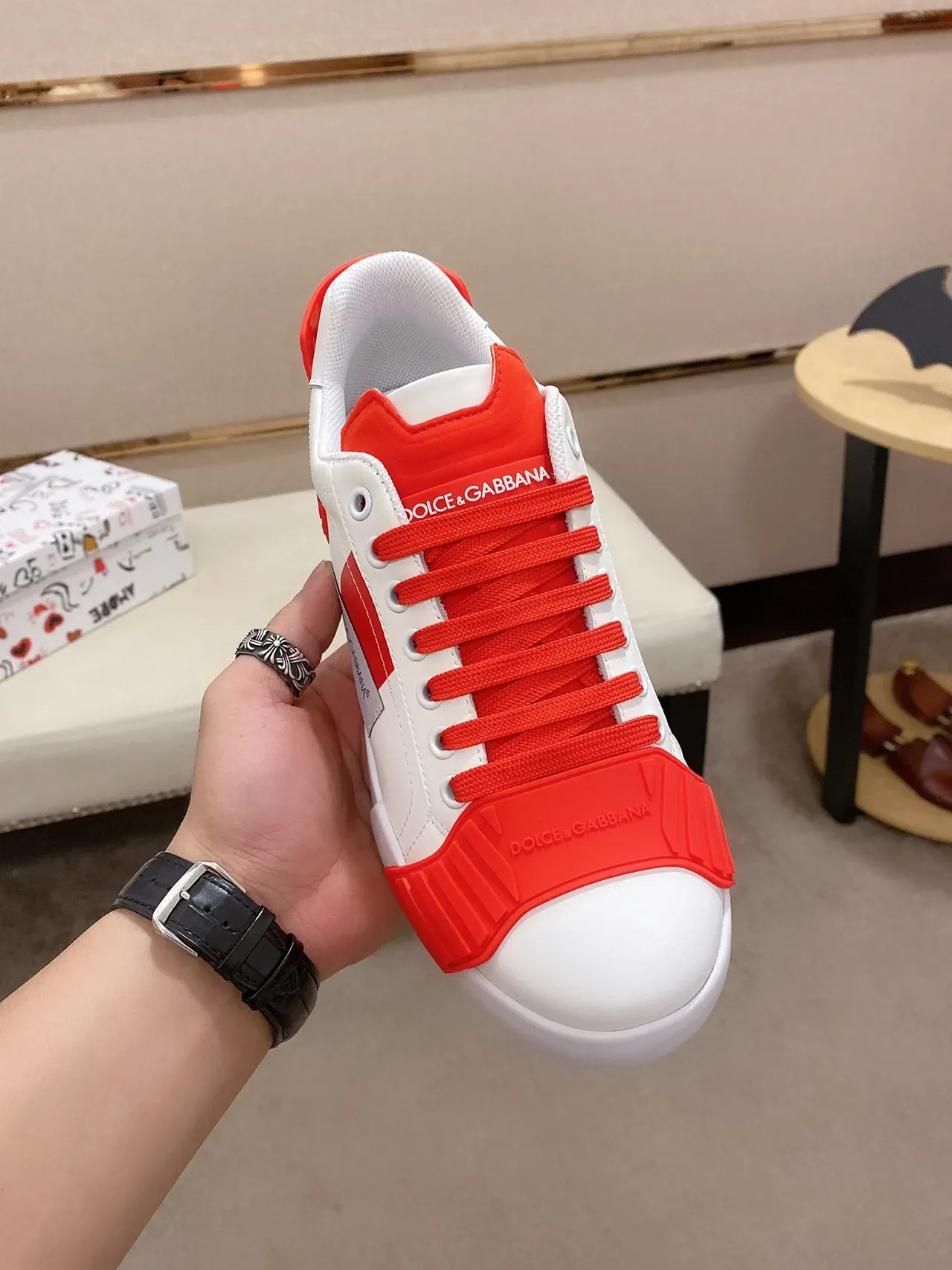 Dolce & Gabbana Branco Vermelho Couro Superior Recobrimentos de Borracha Ousados Estilo de Vida Tênis 9