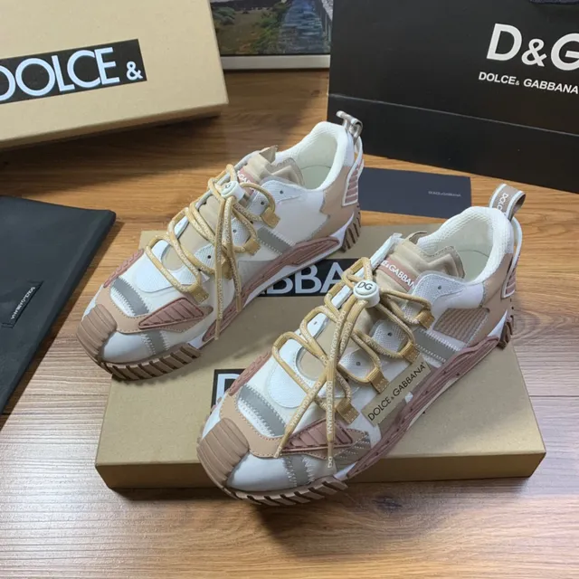 Dolce & Gabbana بيج وردي متعدد اللوحات طبقة علوية نظام الربط غير المتماثل حذاء رياضي أسلوب حياة 8