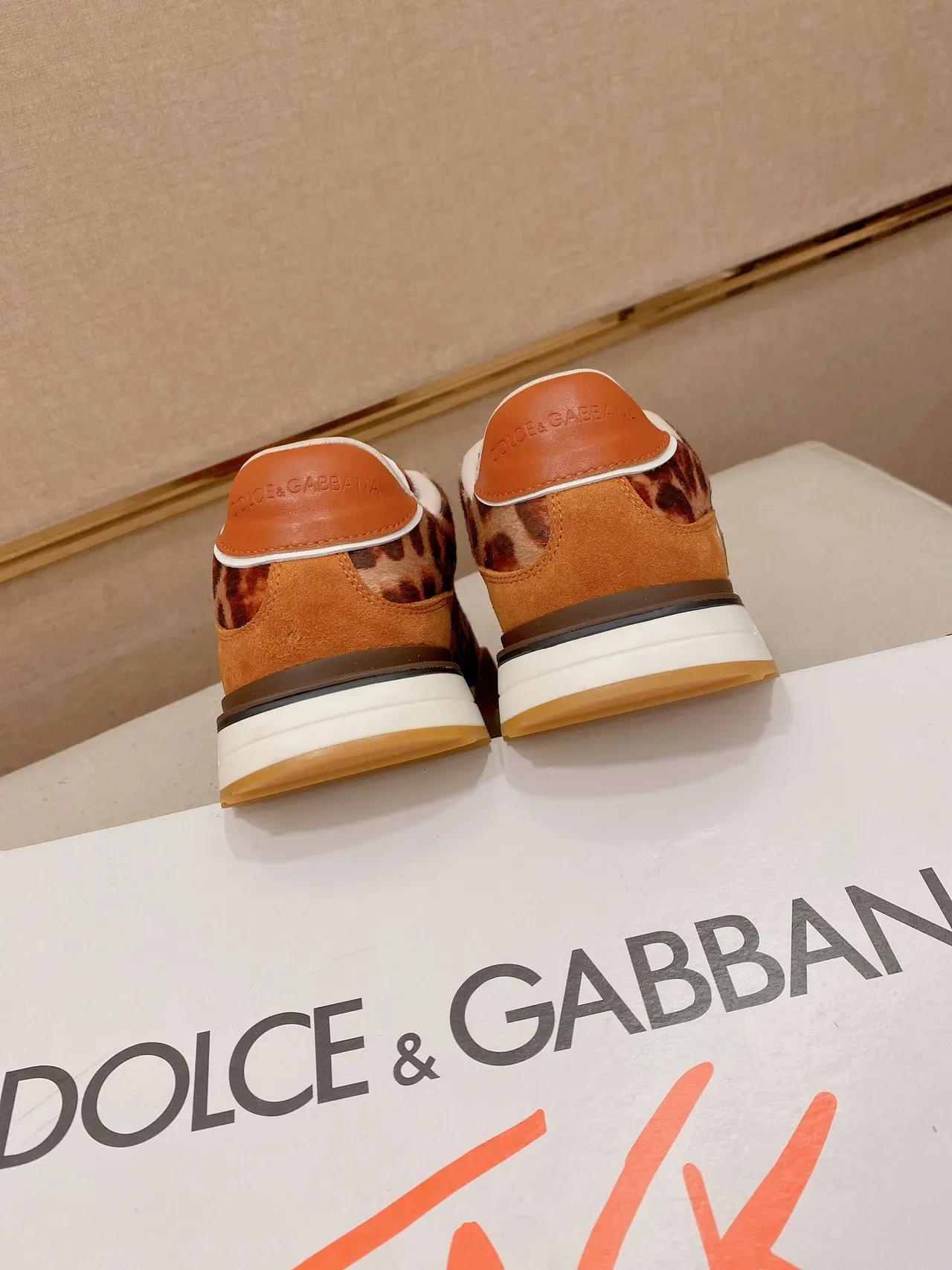 Dolce & Gabbana Orange Beige Leopard-Print Paneling Suede Overlays Lifestyle Sneakers 3