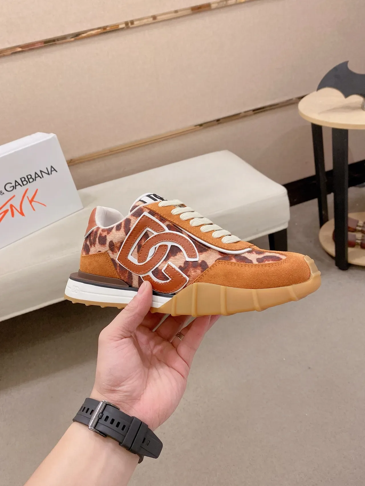 Dolce & Gabbana Orange Beige Leopard-Print Paneling Suede Overlays Lifestyle Sneakers 5