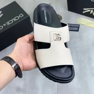 Dolce & Gabbana Portofino Beige Black Textured Leather Upper Interlocking DG Metal Buckle Slippers