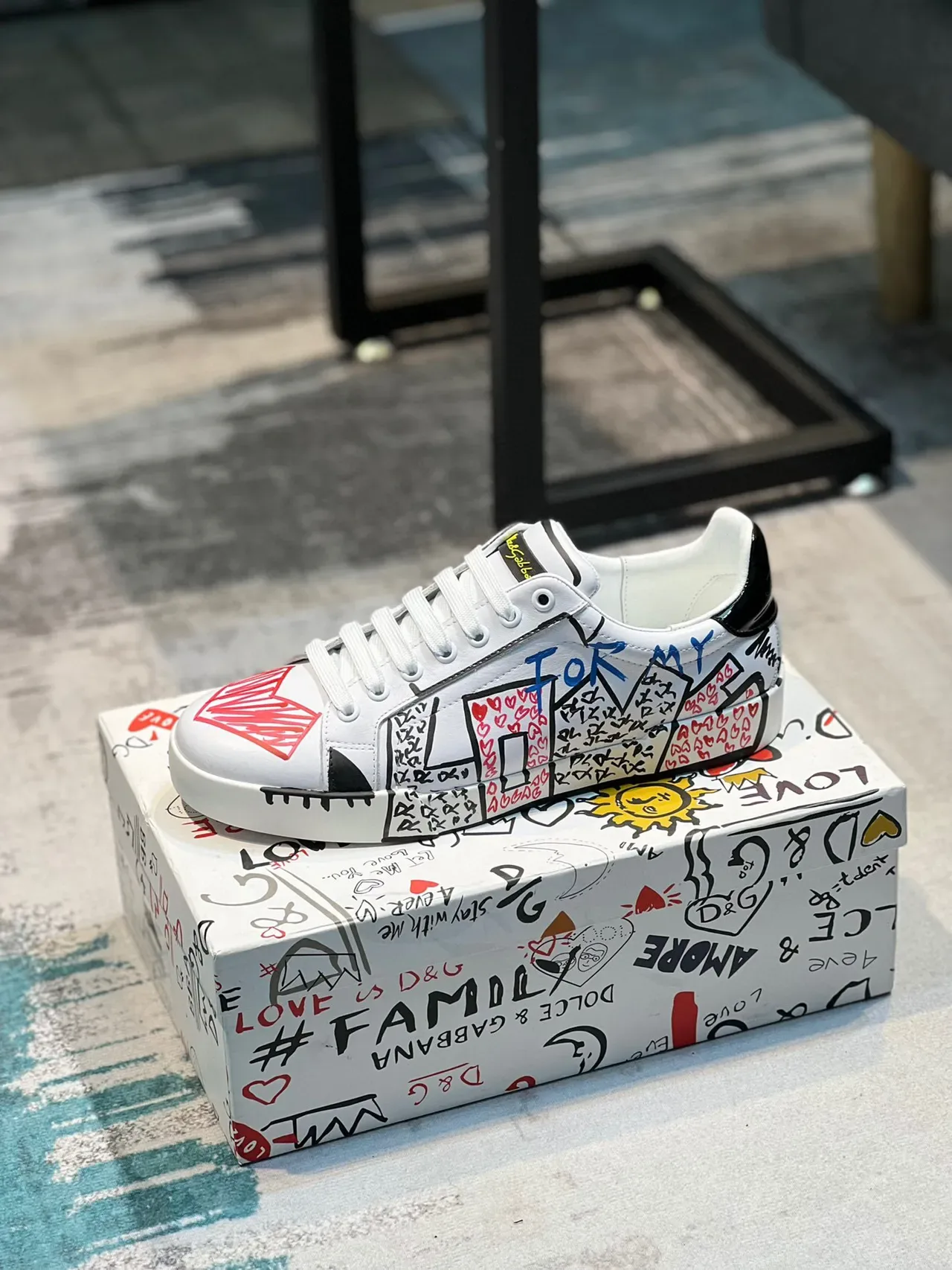 Dolce & Gabbana Portofino White Multicolor Graffiti-Print Leather Upper Sneakers 1