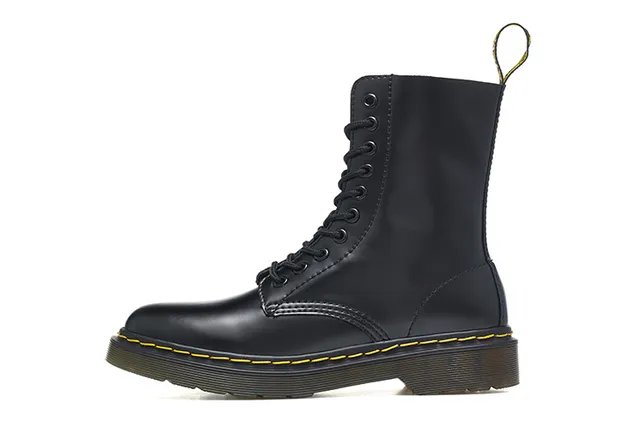 Dr. Martens 1460 Noir Cuir Lisse Couture Jaune Bottes Martin 6