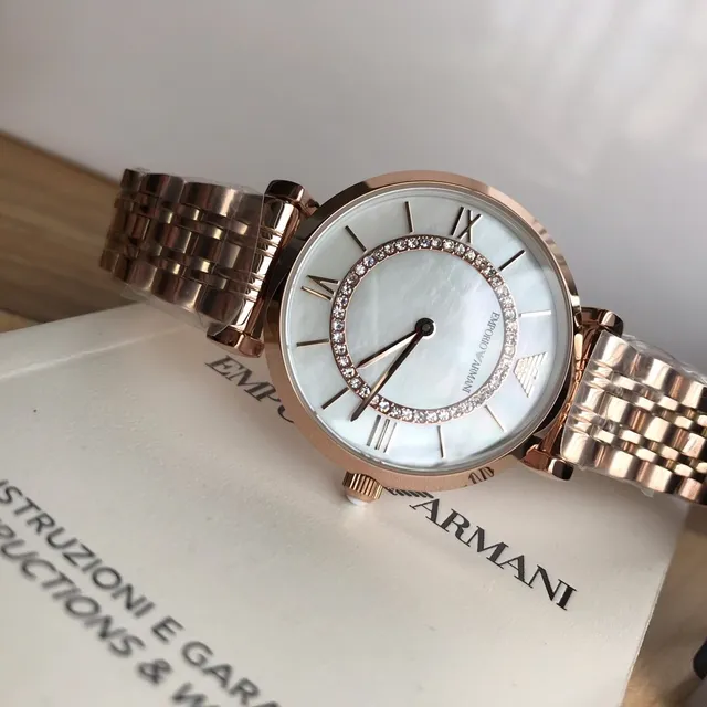 Emporio Armani ذهب أبيض وردي ستيل مقاوم للصدأ وجه لؤلؤي كوارتز 6