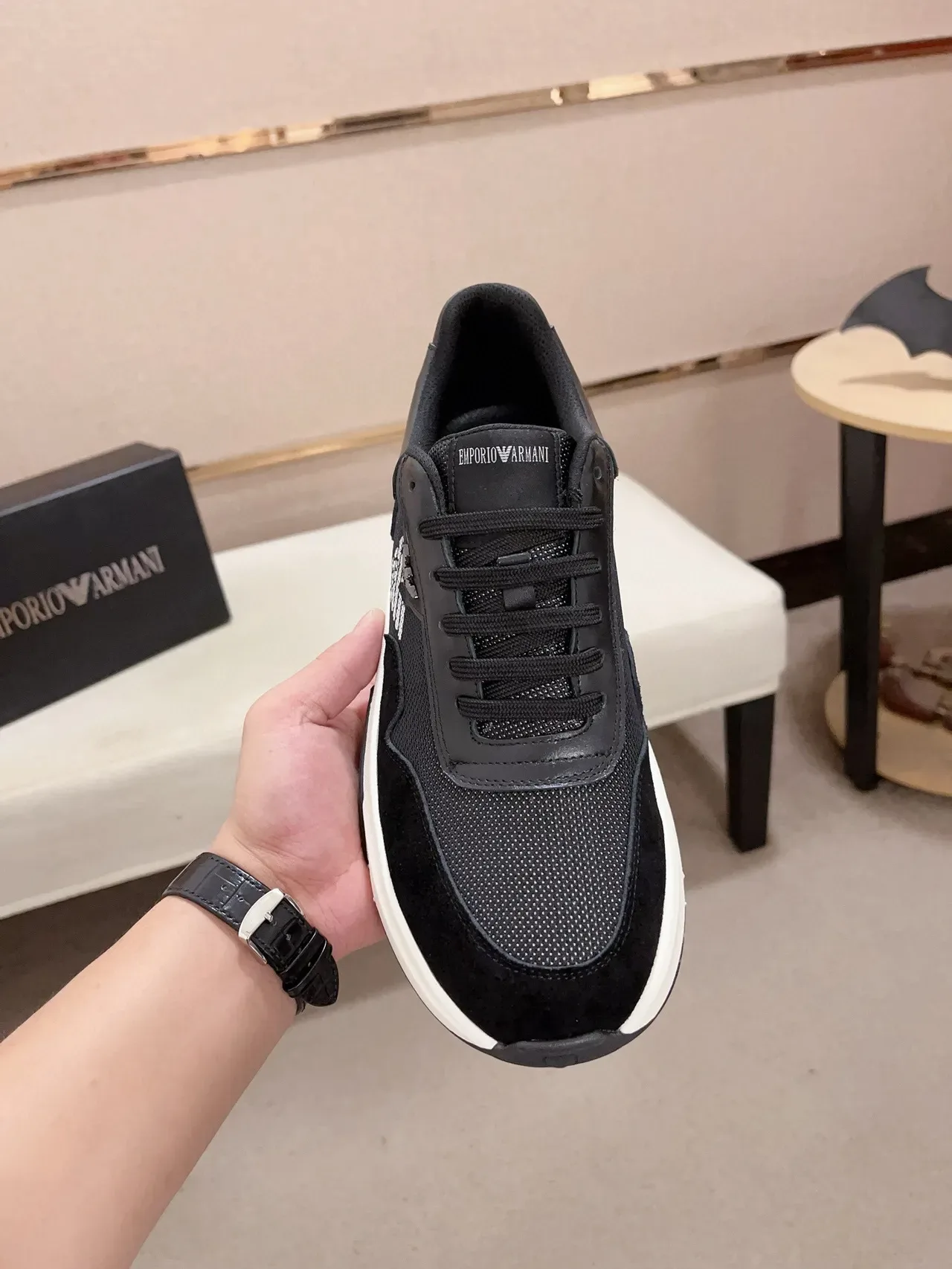 Emporio Armani Lifestyle Sneaker Black White Mixed-Material Upper Asymmetric Chunky Sole Lifestyle Sneakers 2