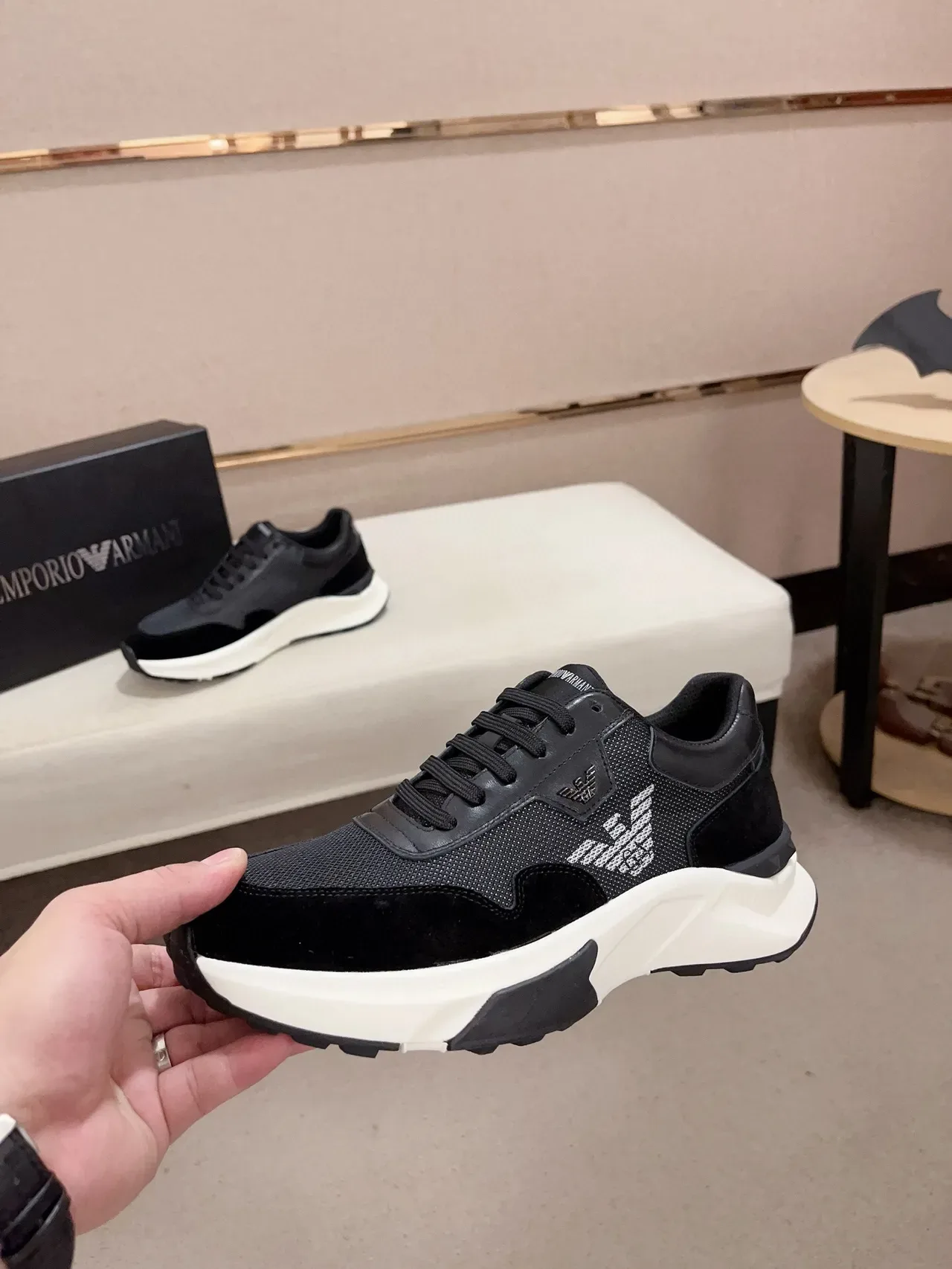 Emporio Armani Lifestyle Sneaker Black White Mixed-Material Upper Asymmetric Chunky Sole Lifestyle Sneakers 3
