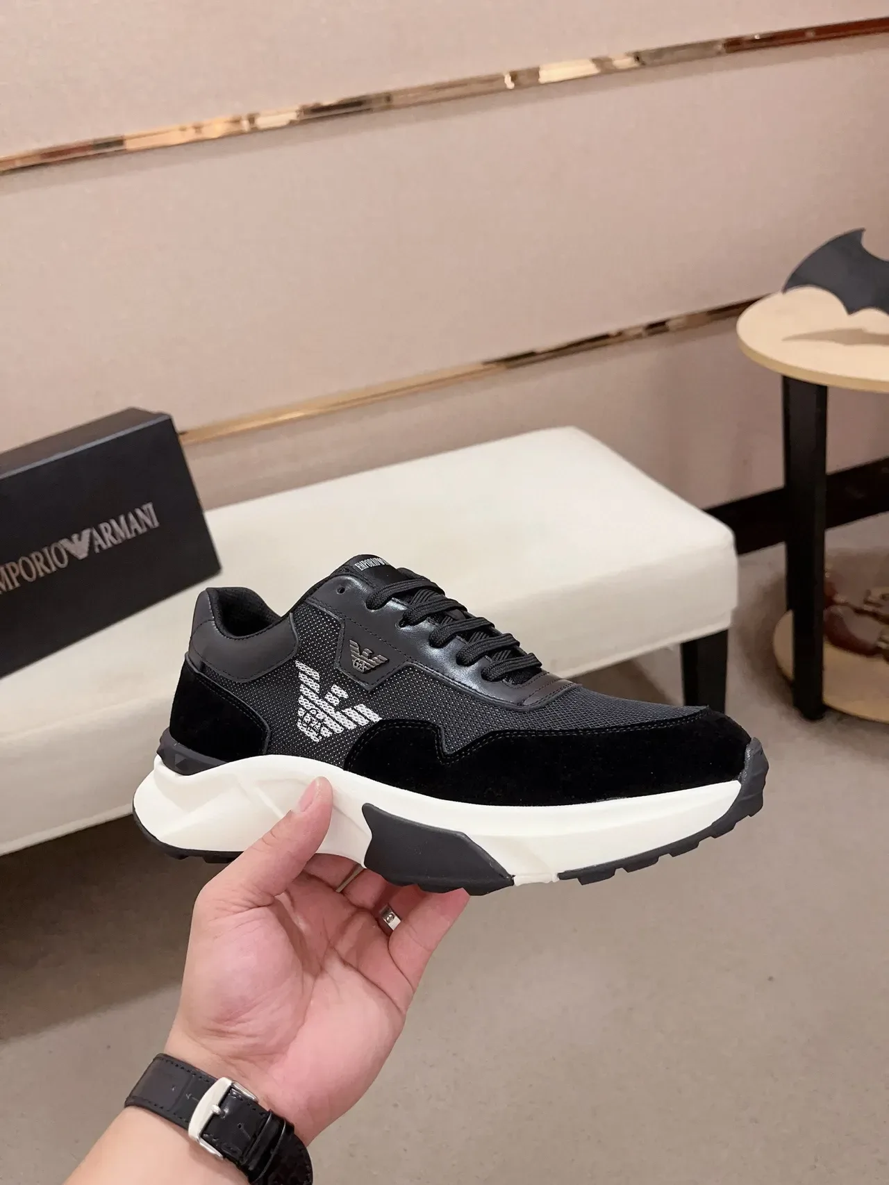 Emporio Armani Lifestyle Sneaker Black White Mixed-Material Upper Asymmetric Chunky Sole Lifestyle Sneakers 4