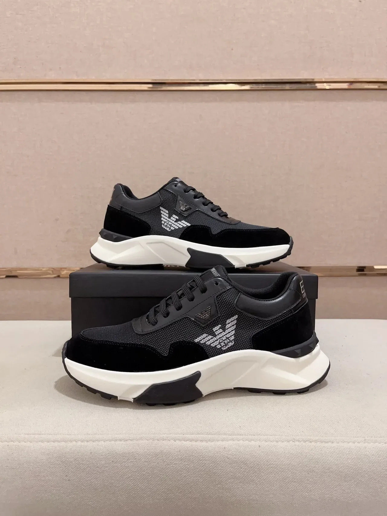 Emporio Armani Lifestyle Sneaker Black White Mixed-Material Upper Asymmetric Chunky Sole Lifestyle Sneakers 7