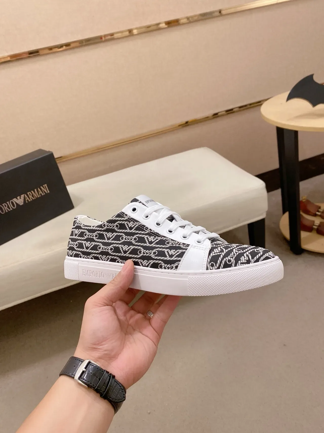 Emporio Armani Monogram-Print White-Accent Lifestyle Sneakers 4