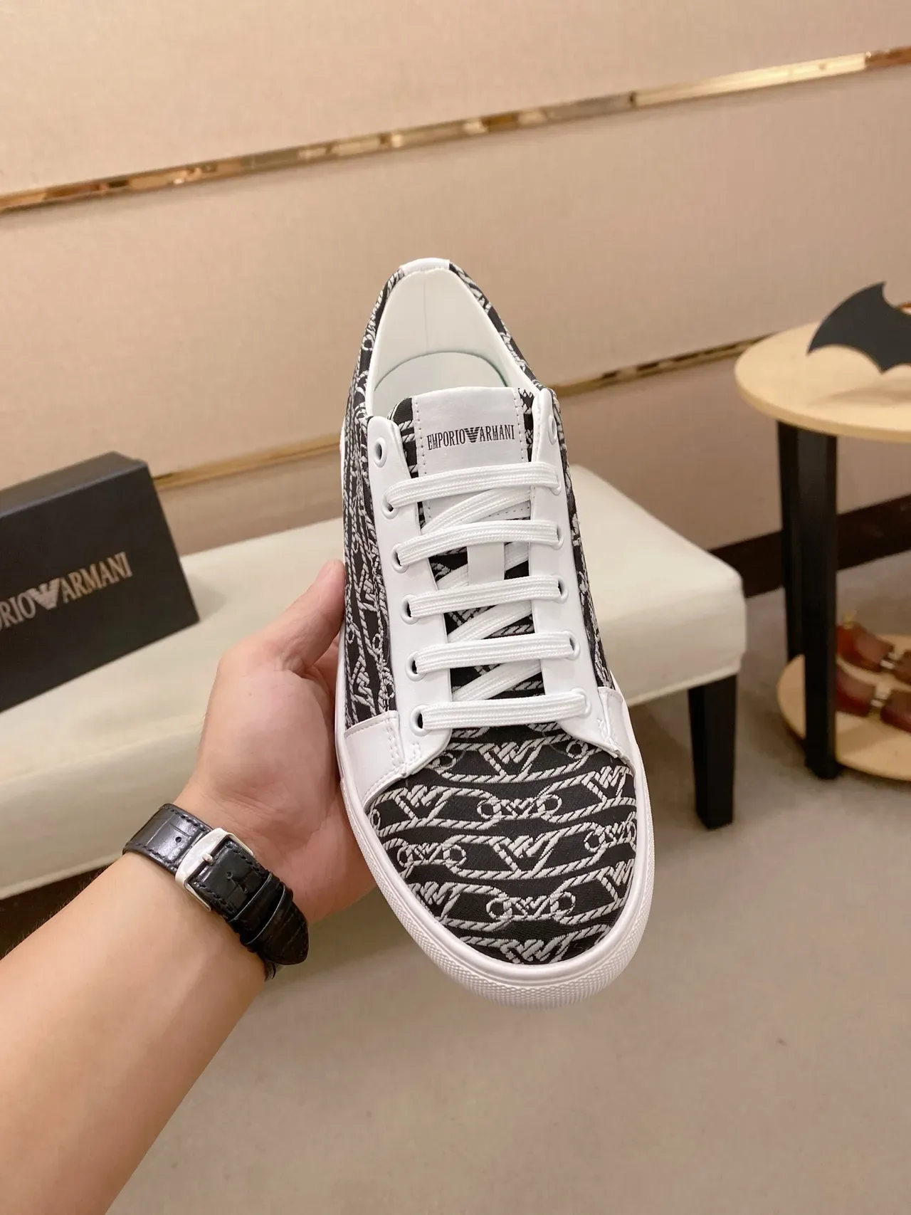 Emporio Armani Monogram-Print White-Accent Lifestyle Sneakers 5