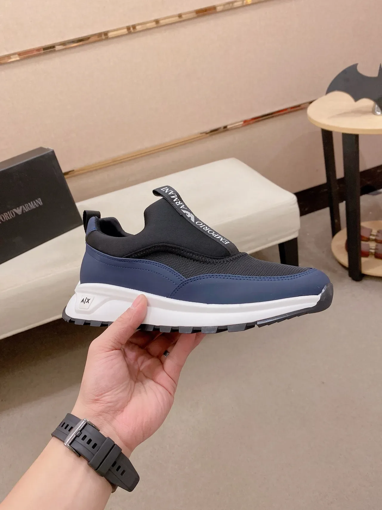 Emporio Armani Navy Black Slip-On Mesh-and-Synthetic Upper Sneakers 4