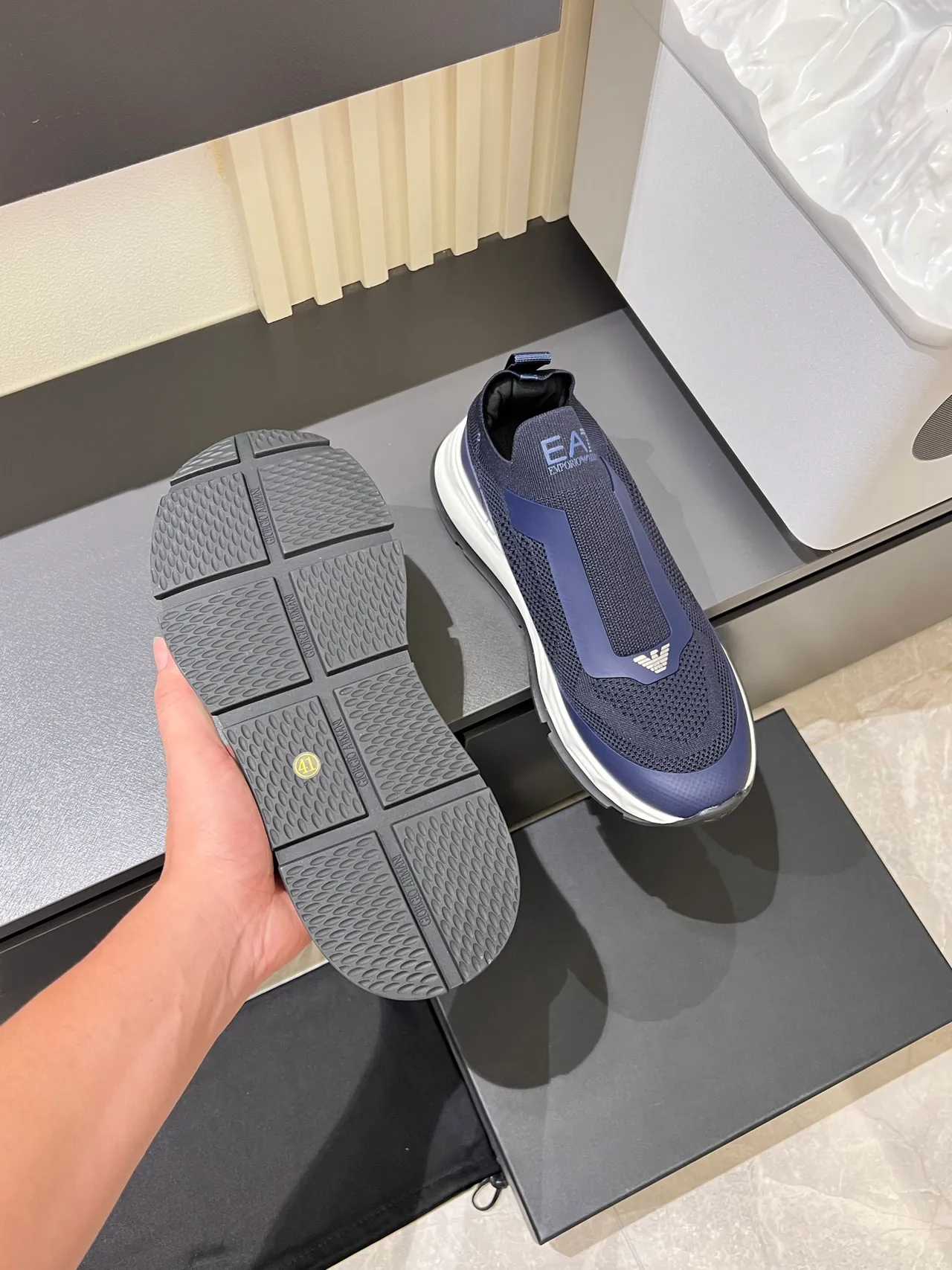 Emporio Armani Navy White Knit Upper Slip-On Construction Sneakers 3