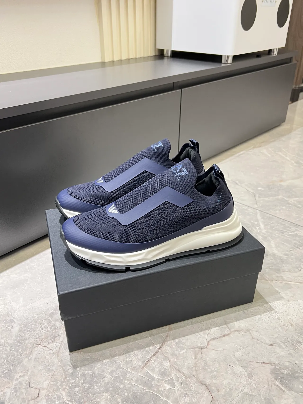 Emporio Armani Navy White Knit Upper Slip-On Construction Sneakers 4