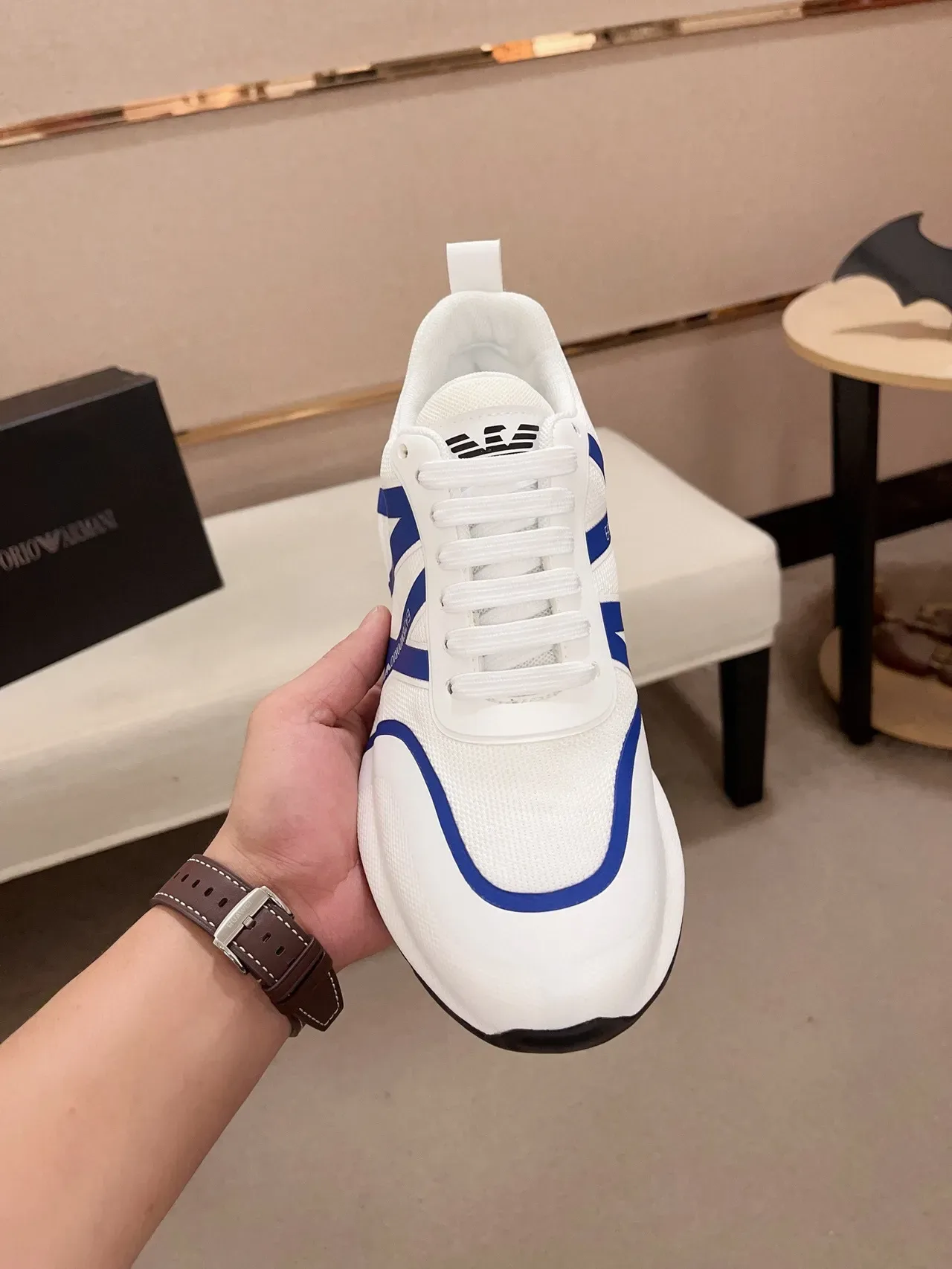 Emporio Armani White Blue Mesh Upper Bold A-Logo Stripe Sneakers 2