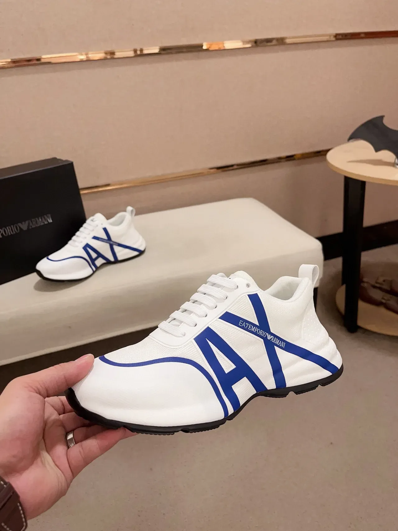 Emporio Armani White Blue Mesh Upper Bold A-Logo Stripe Sneakers 3
