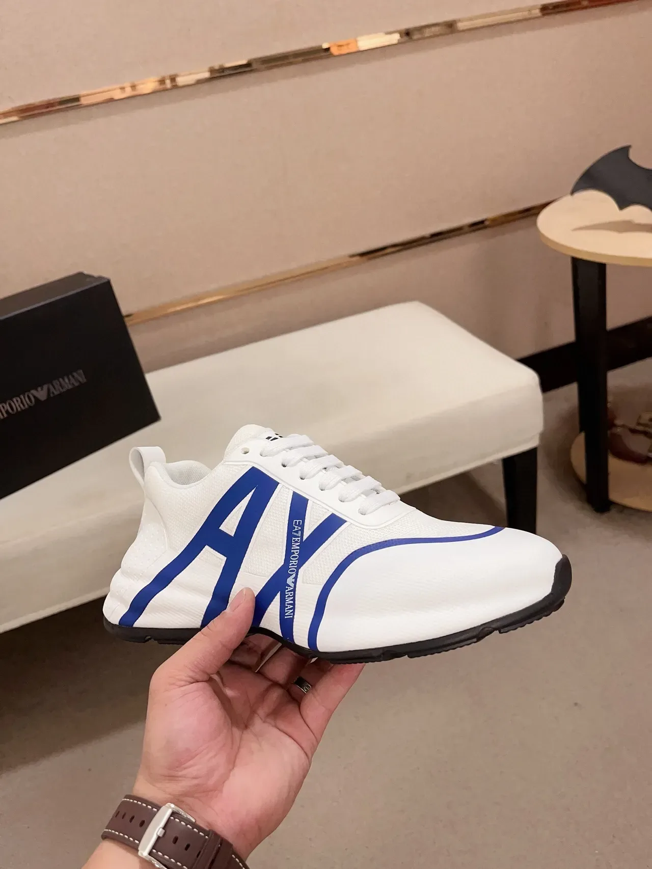 Emporio Armani White Blue Mesh Upper Bold A-Logo Stripe Sneakers 4
