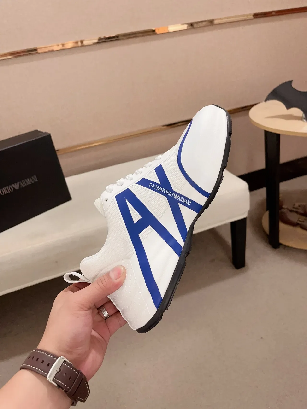 Emporio Armani White Blue Mesh Upper Bold A-Logo Stripe Sneakers 5