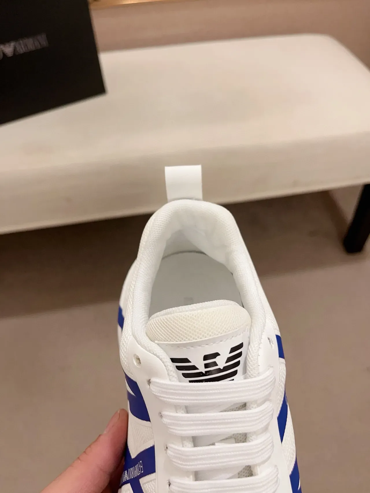 Emporio Armani White Blue Mesh Upper Bold A-Logo Stripe Sneakers 6