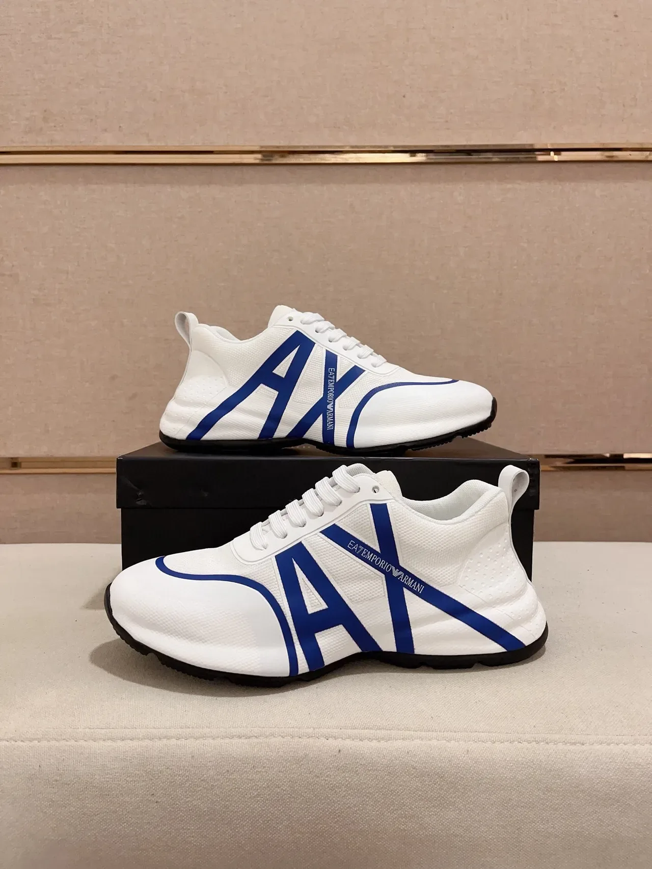 Emporio Armani White Blue Mesh Upper Bold A-Logo Stripe Sneakers 7