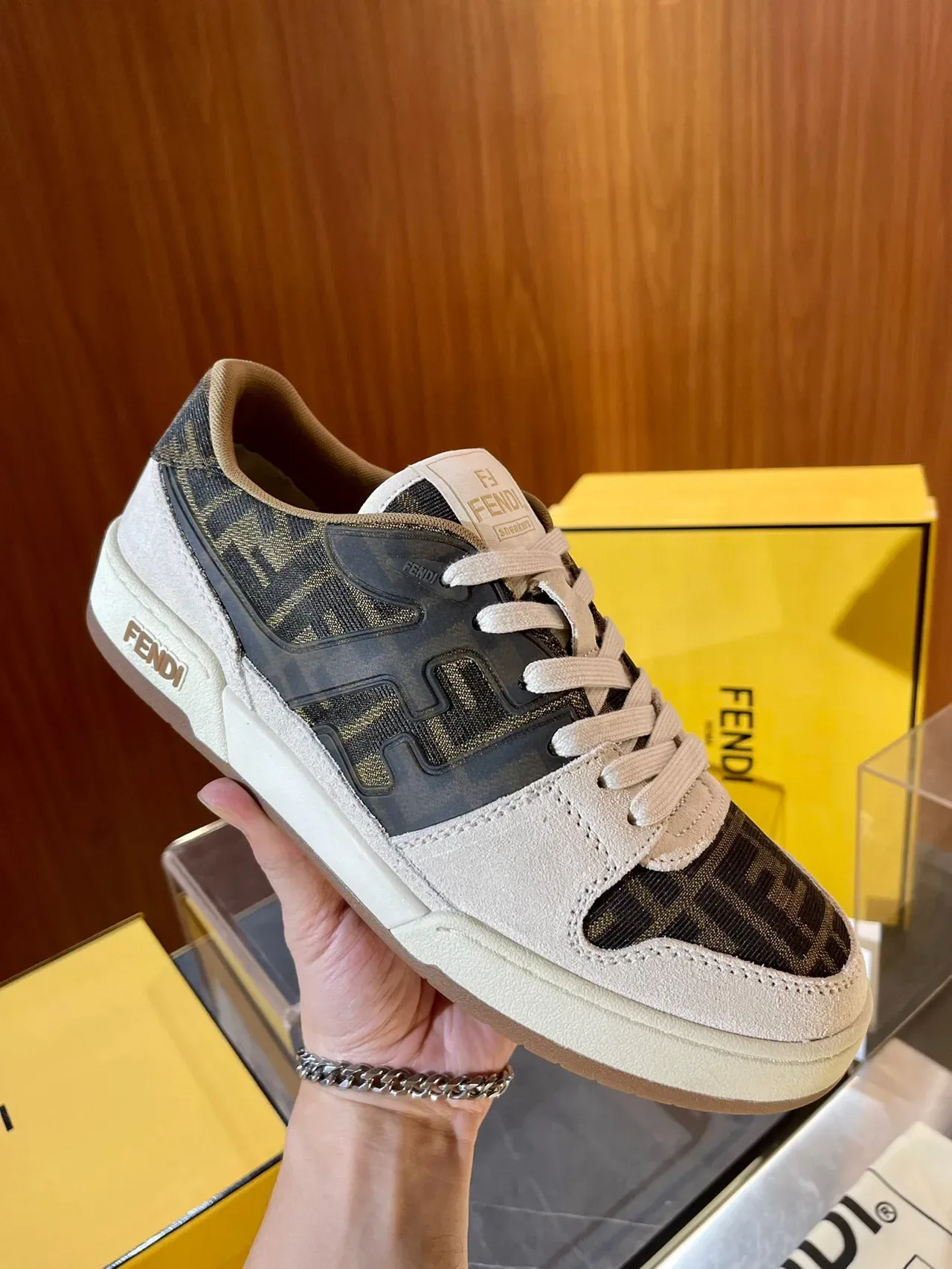 Fendi Beige Black Low-Top Monogram Textile Panels Lifestyle Sneakers 3