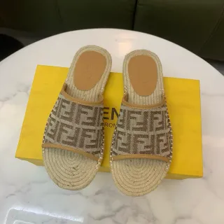 Fendi Beige Brown Monogrammed Fabric Strap Woven Jute Sole Slippers