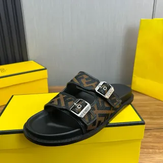 Fendi Black Brown Double-Strap Buckle-Fastened Slippers