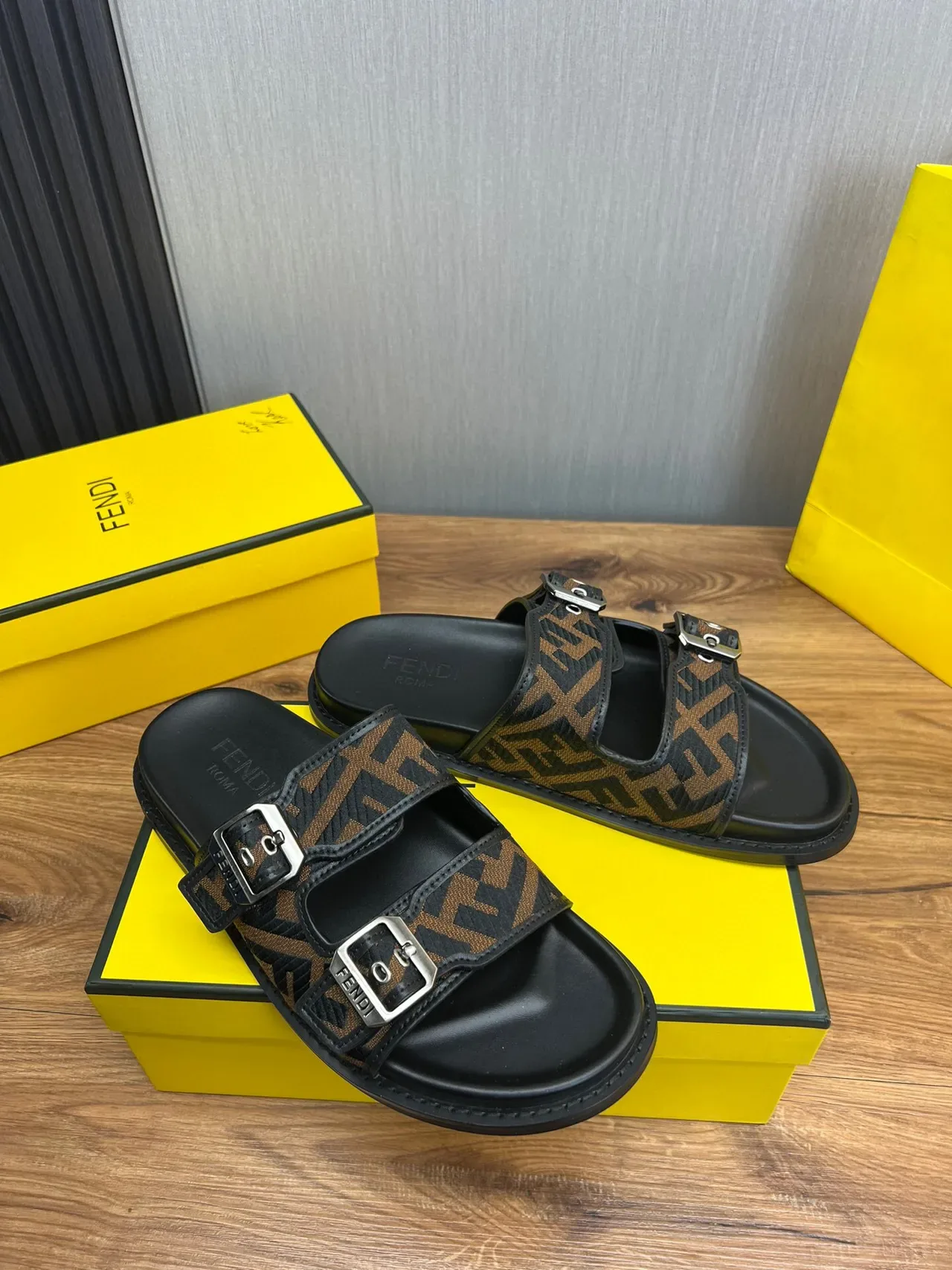 Fendi Black Brown Double-Strap Buckle-Fastened Slippers 6