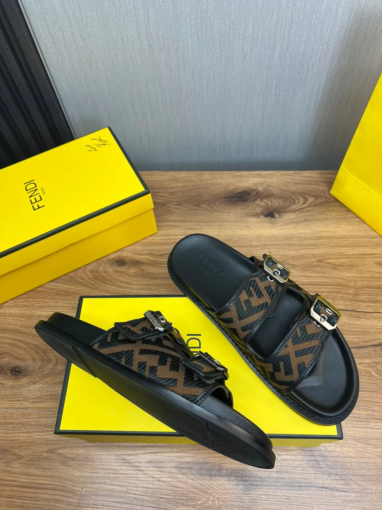 Fendi Black Brown Double-Strap Buckle-Fastened Slippers 7