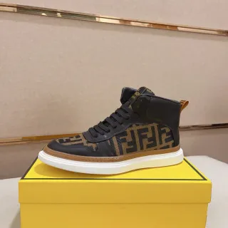 Fendi काला भूरा हाई-टॉप FF Monogram Jacquard जीवनशैली स्नीकर्स