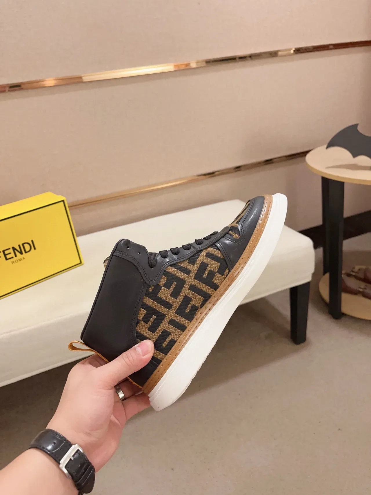 Fendi Preto Marrom High-Top FF Monogram Jacquard Estilo de vida Sapatilhas 7