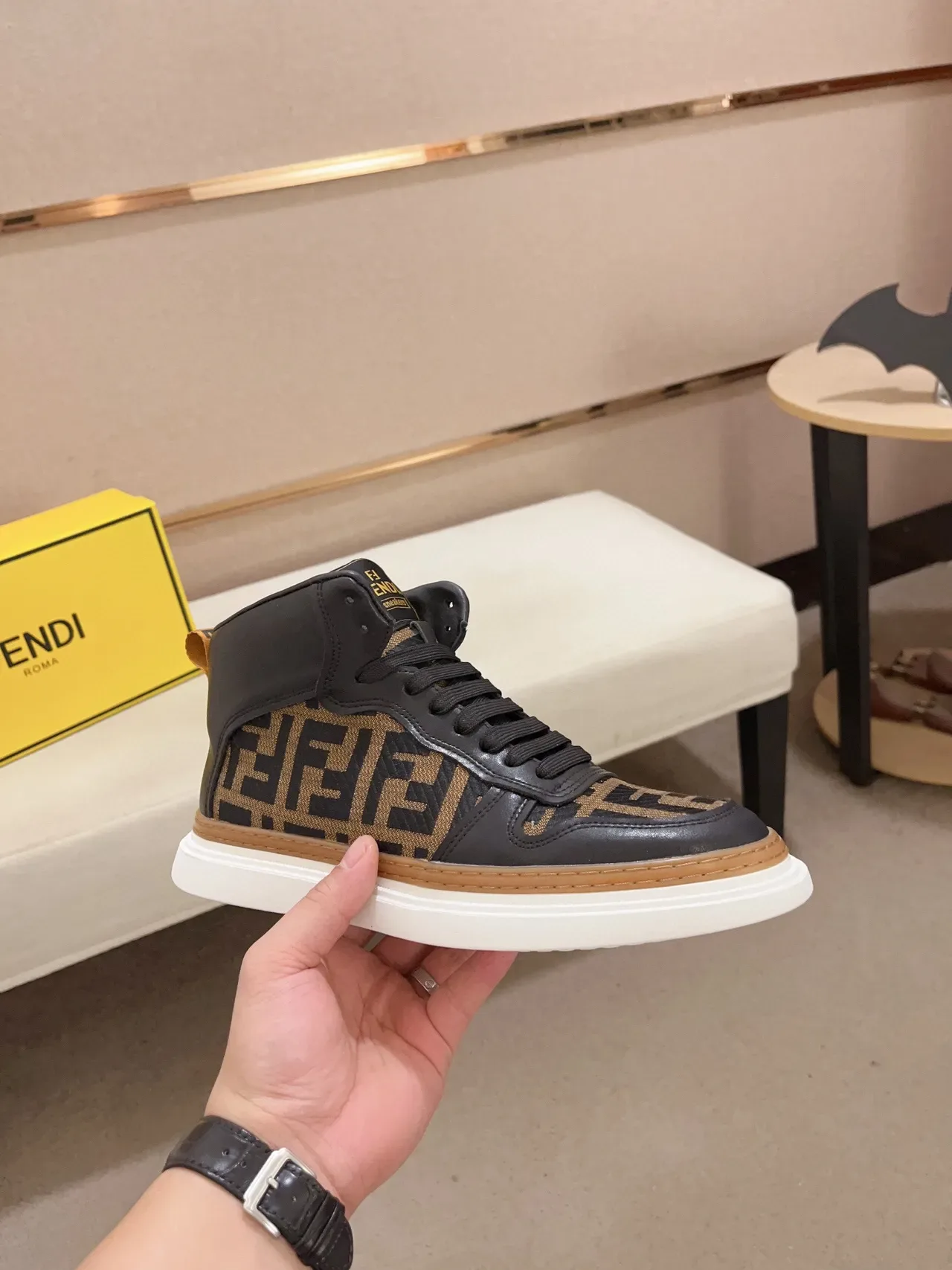 Fendi Preto Marrom High-Top FF Monogram Jacquard Estilo de vida Sapatilhas 8