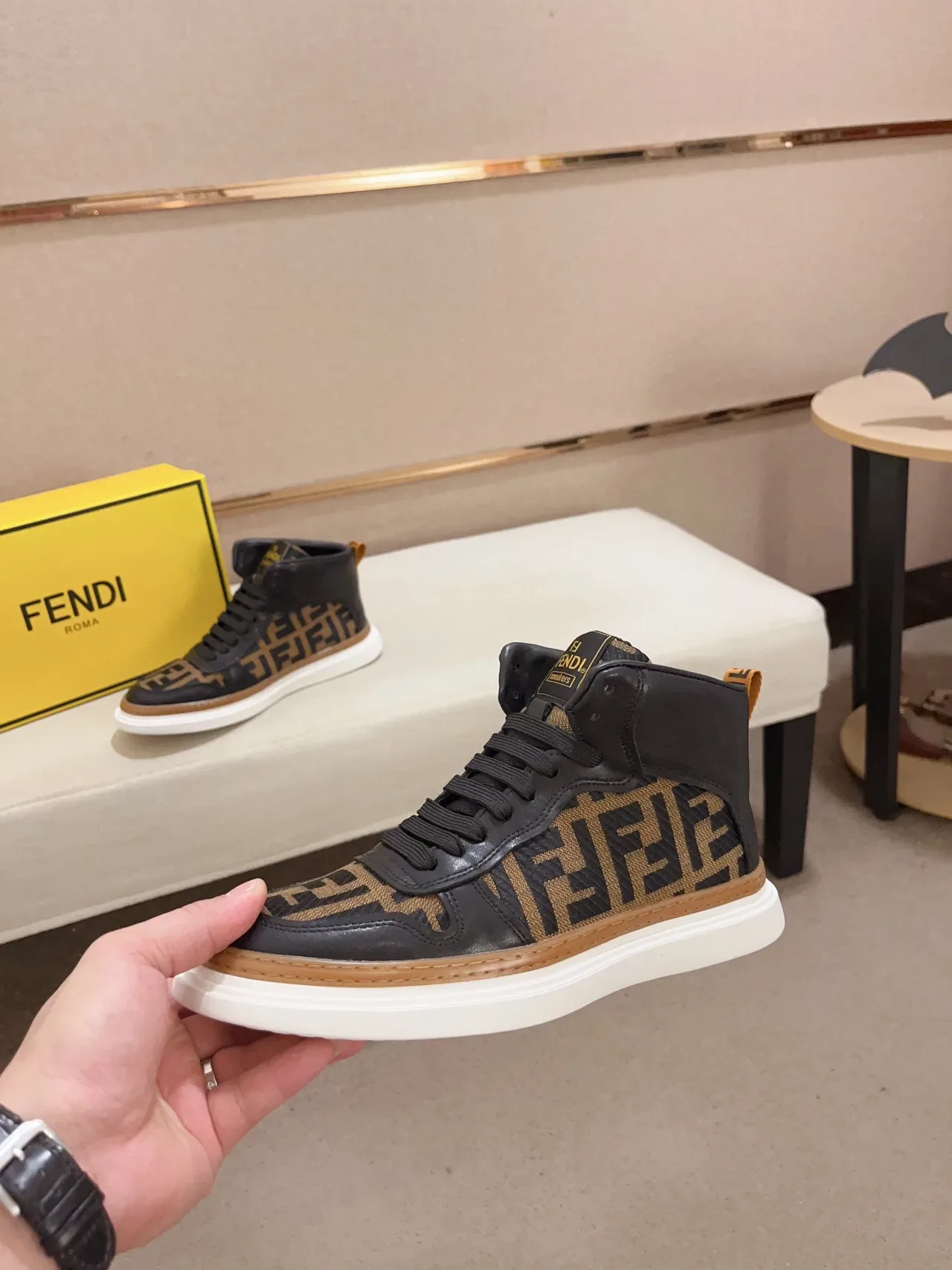 Fendi Preto Marrom High-Top FF Monogram Jacquard Estilo de vida Sapatilhas 9