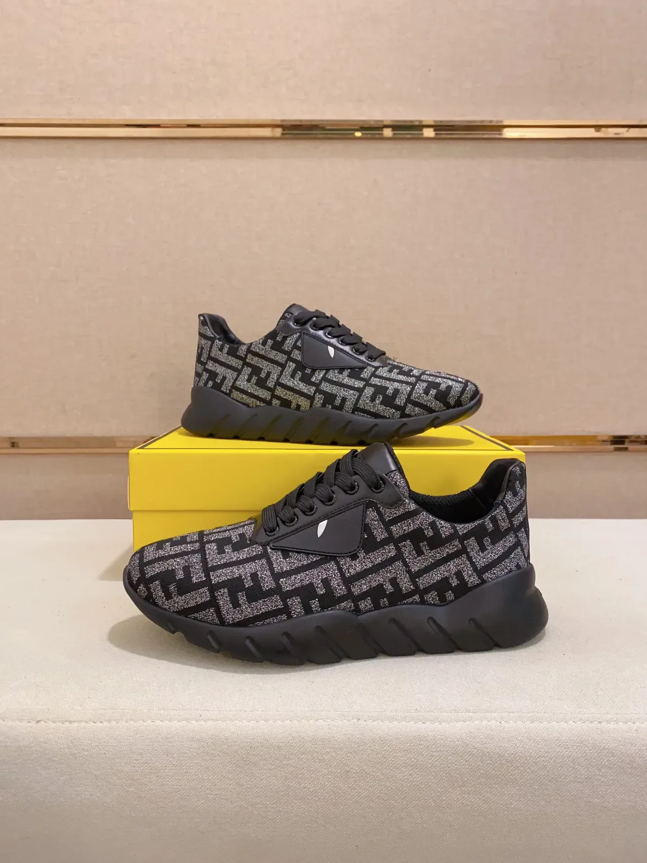 Fendi Black Silver Monogrammed Knit Upper Triangular Eye Logo Patch Chunky Sneakers 4