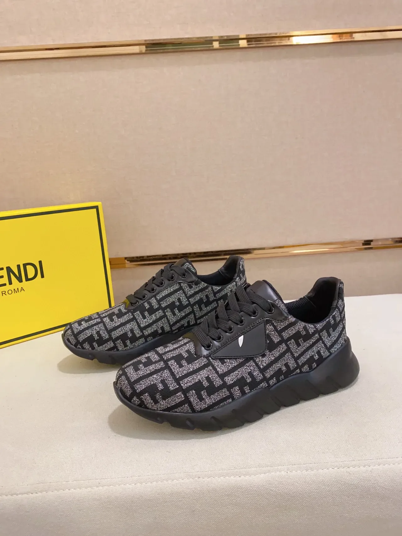 Fendi Black Silver Monogrammed Knit Upper Triangular Eye Logo Patch Chunky Sneakers 5