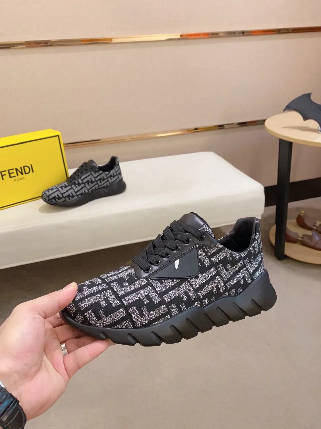 Fendi Black Silver Monogrammed Knit Upper Triangular Eye Logo Patch Chunky Sneakers 8